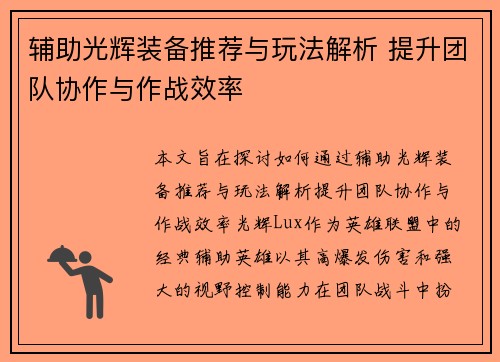 辅助光辉装备推荐与玩法解析 提升团队协作与作战效率