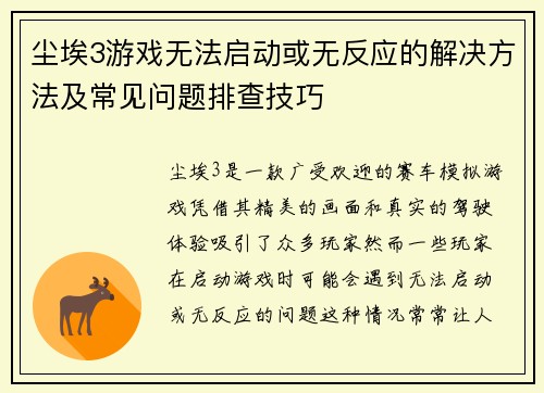 尘埃3游戏无法启动或无反应的解决方法及常见问题排查技巧